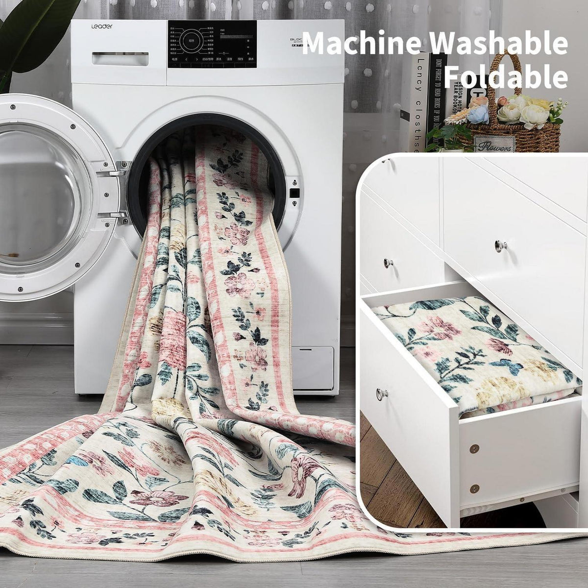 Waschbarer Teppich 160x230 cm – Rosa Blumenmuster, Rutschfest