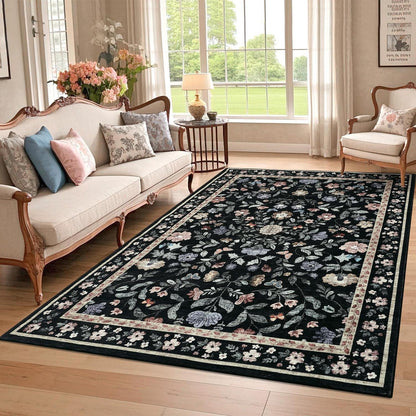 Wohnzimmer Teppich Blumenmuster Schwarz 160x230 cm Waschbar