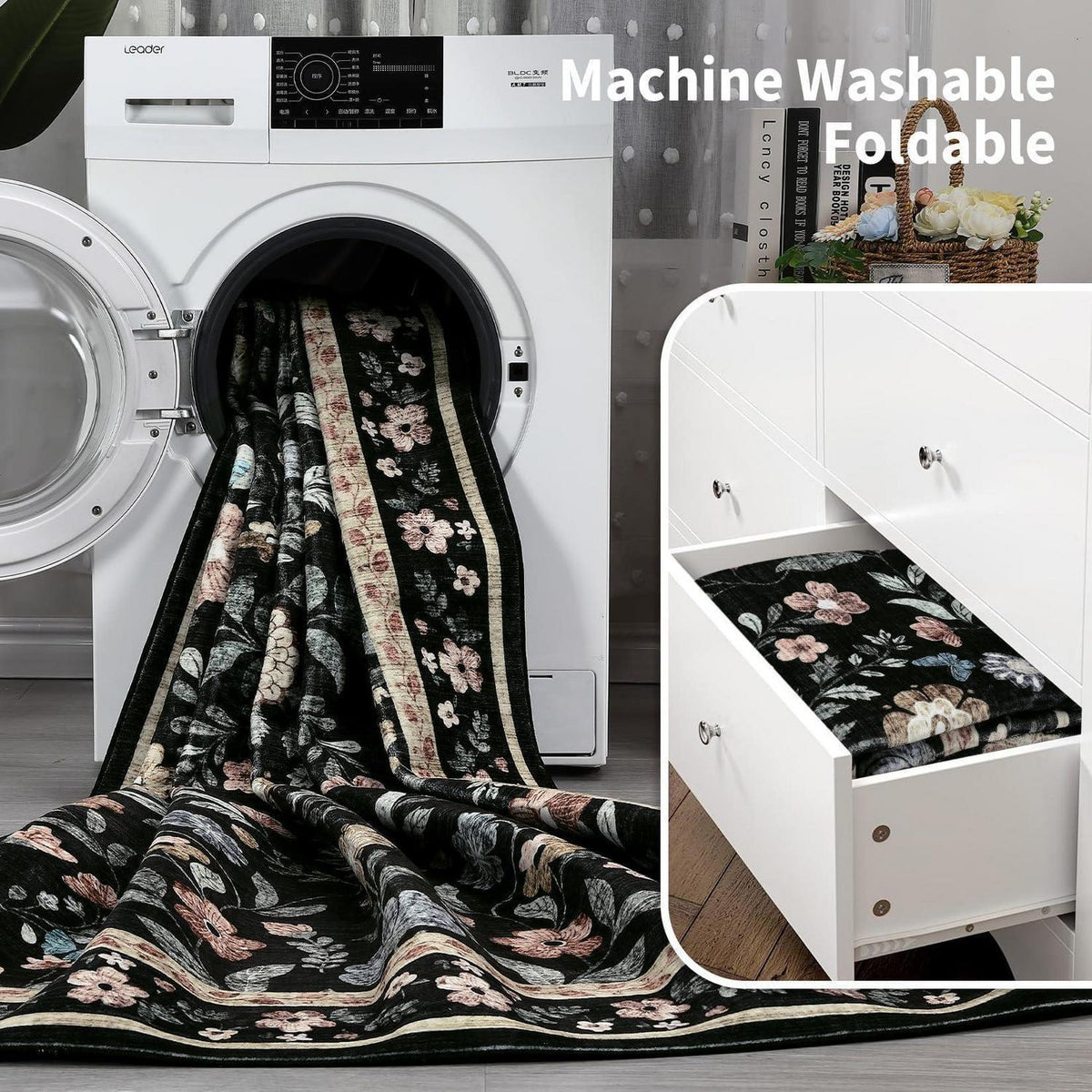 Wohnzimmer Teppich Blumenmuster Schwarz 160x230 cm Waschbar