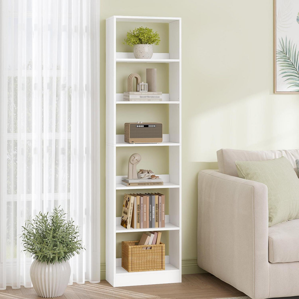 6-stöckiges Bücherregal Weiß – Platzsparendes Holzregal