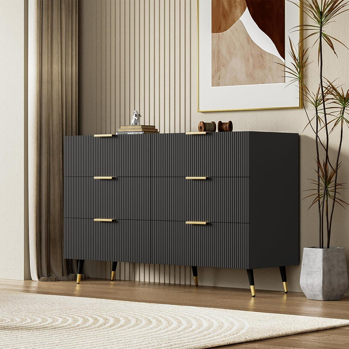 Modernes Sideboard Schwarz mit 6 Schubladen & Wellenmuster