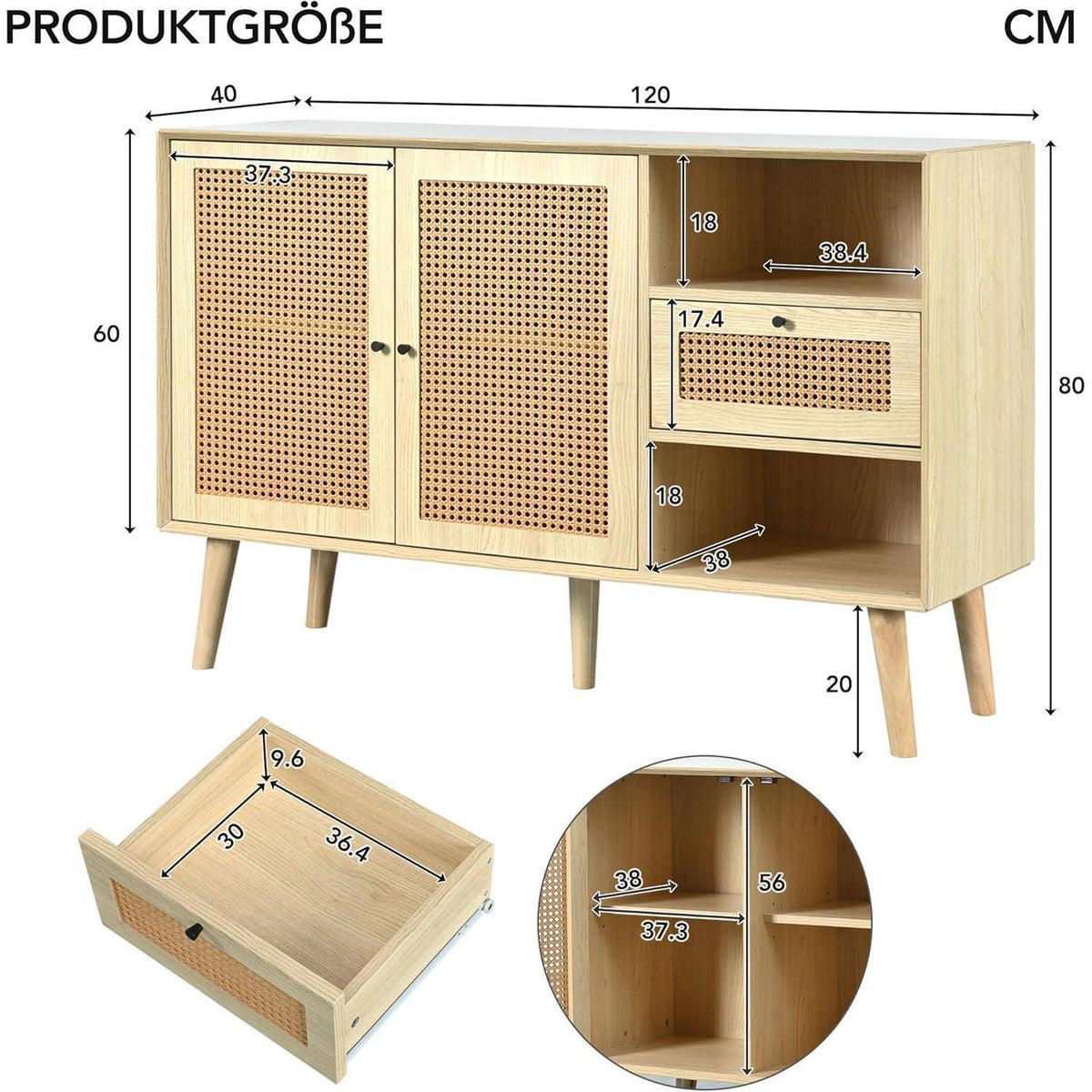 Rattan Sideboard mit Schublade & verstellbaren Regalen (120x40x80cm)