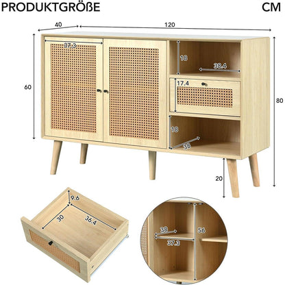 Rattan Sideboard mit Schublade & verstellbaren Regalen (120x40x80cm)