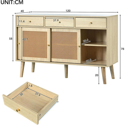 Rattan Sideboard mit 3 Schubladen & Schiebetüren, 120x40x78cm