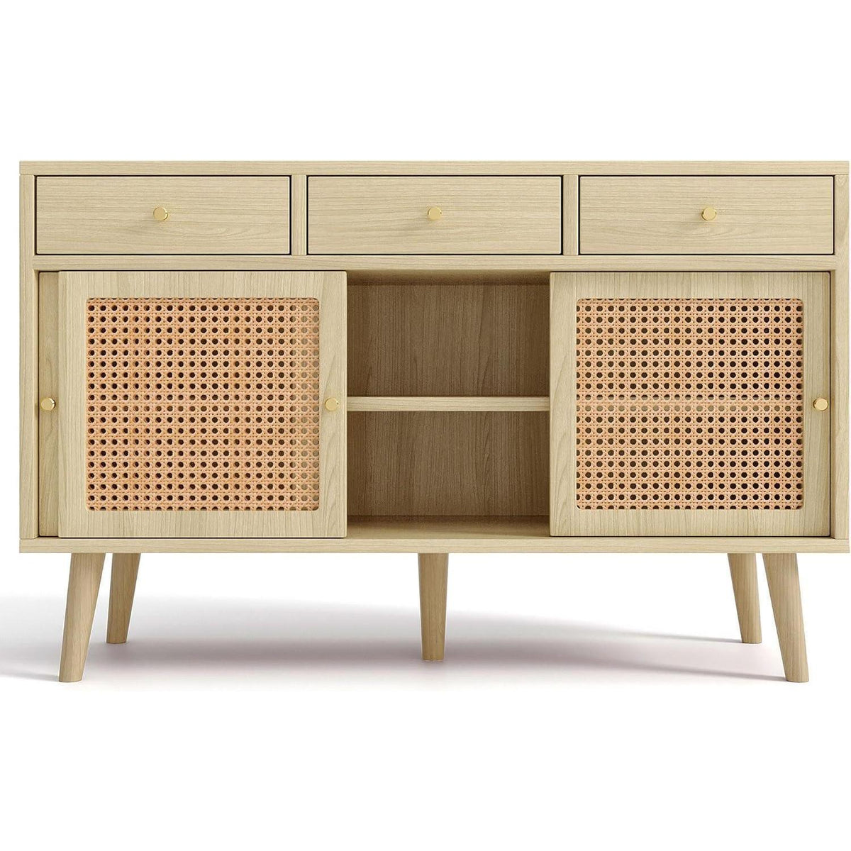 Rattan Sideboard mit 3 Schubladen & Schiebetüren, 120x40x78cm