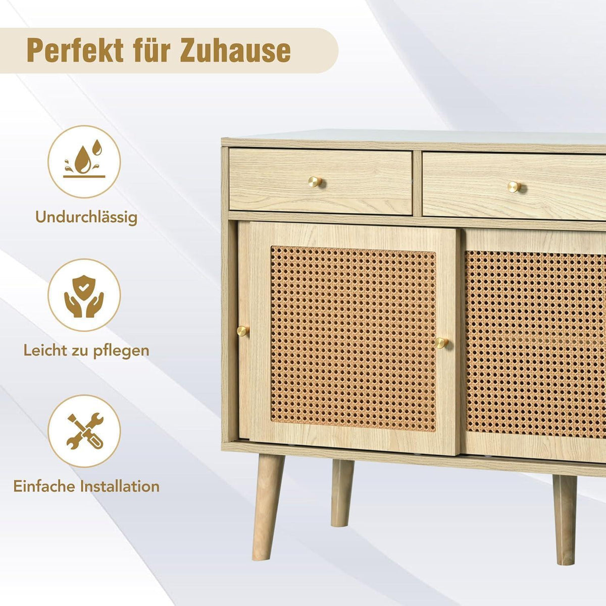 Rattan Sideboard mit 3 Schubladen & Schiebetüren, 120x40x78cm