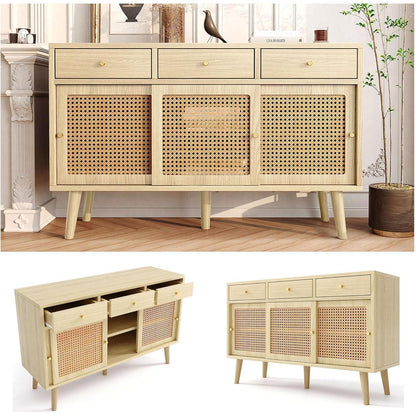 Rattan Sideboard mit 3 Schubladen & Schiebetüren, 120x40x78cm