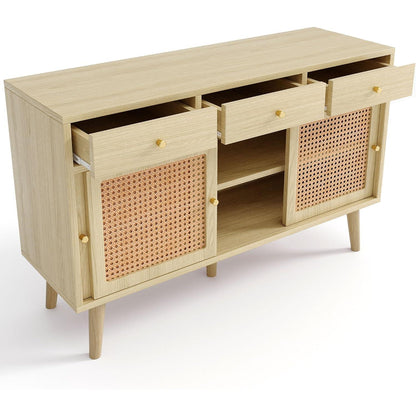 Rattan Sideboard mit 3 Schubladen & Schiebetüren, 120x40x78cm