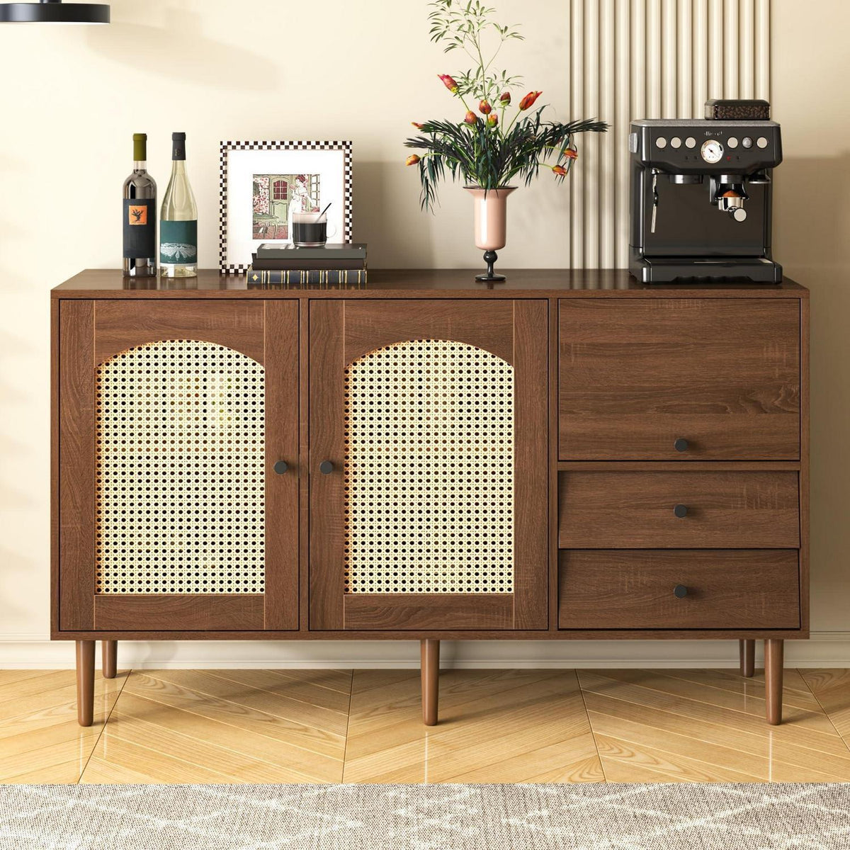 Rattan Sideboard mit 3 Schubladen & 2 Türen – Boho Schrank 130x40x75,5cm