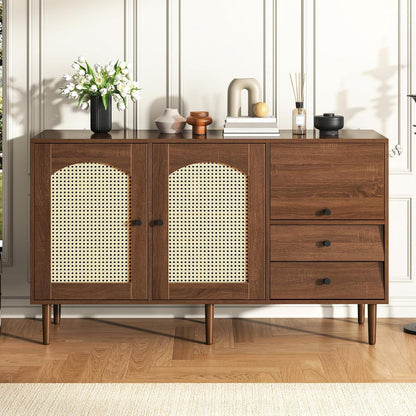 Rattan Sideboard mit 3 Schubladen & 2 Türen – Boho Schrank 130x40x75,5cm