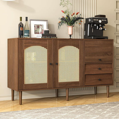 Rattan Sideboard mit 3 Schubladen & 2 Türen – Boho Schrank 130x40x75,5cm