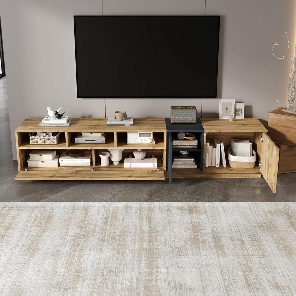 Lowboard Wohnzimmer Schwarz-Natur | TV-Möbel mit Stauraum & Kabelöffnung