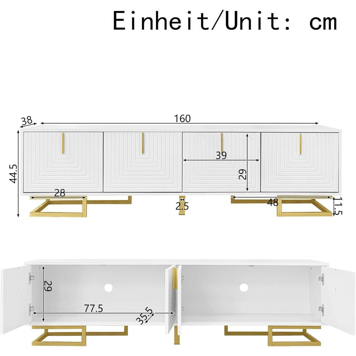 Moderner TV-Schrank Weiß mit goldenen Akzenten 160cm