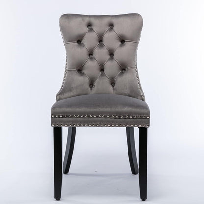 Esszimmerstühle 2er Set Grau, Samt & Holz, Tufted Design