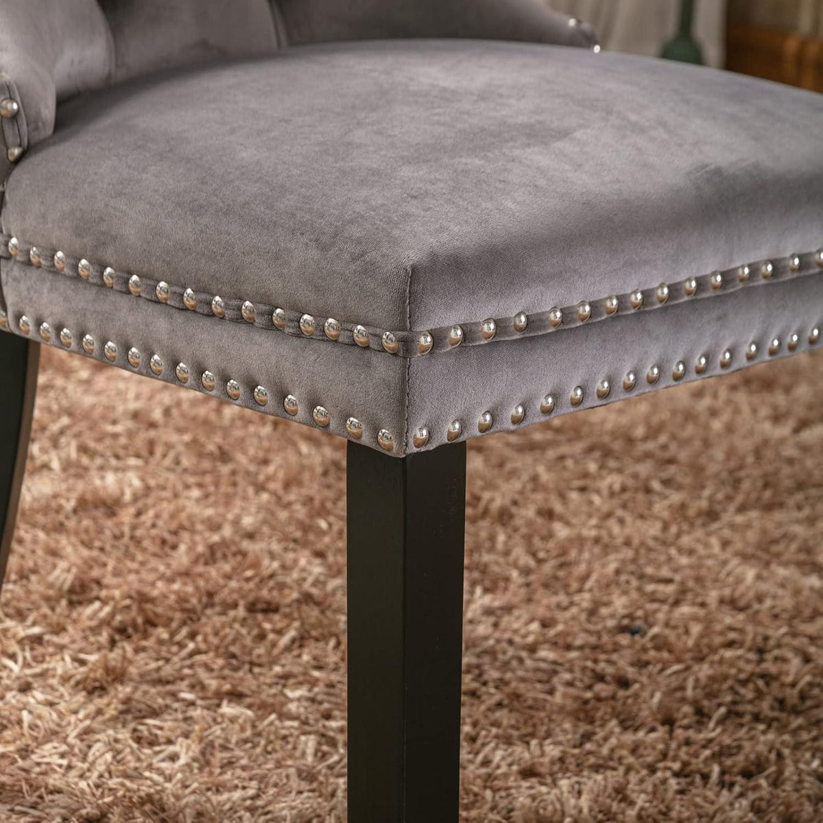 Esszimmerstühle 2er Set Grau, Samt & Holz, Tufted Design