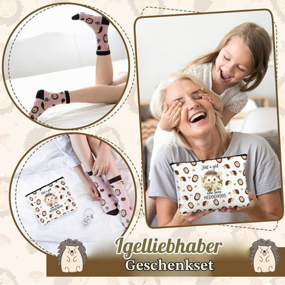 Igel Geschenkset für Tierliebhaber: Kosmetiktasche, Schlüsselanhänger & Socken
