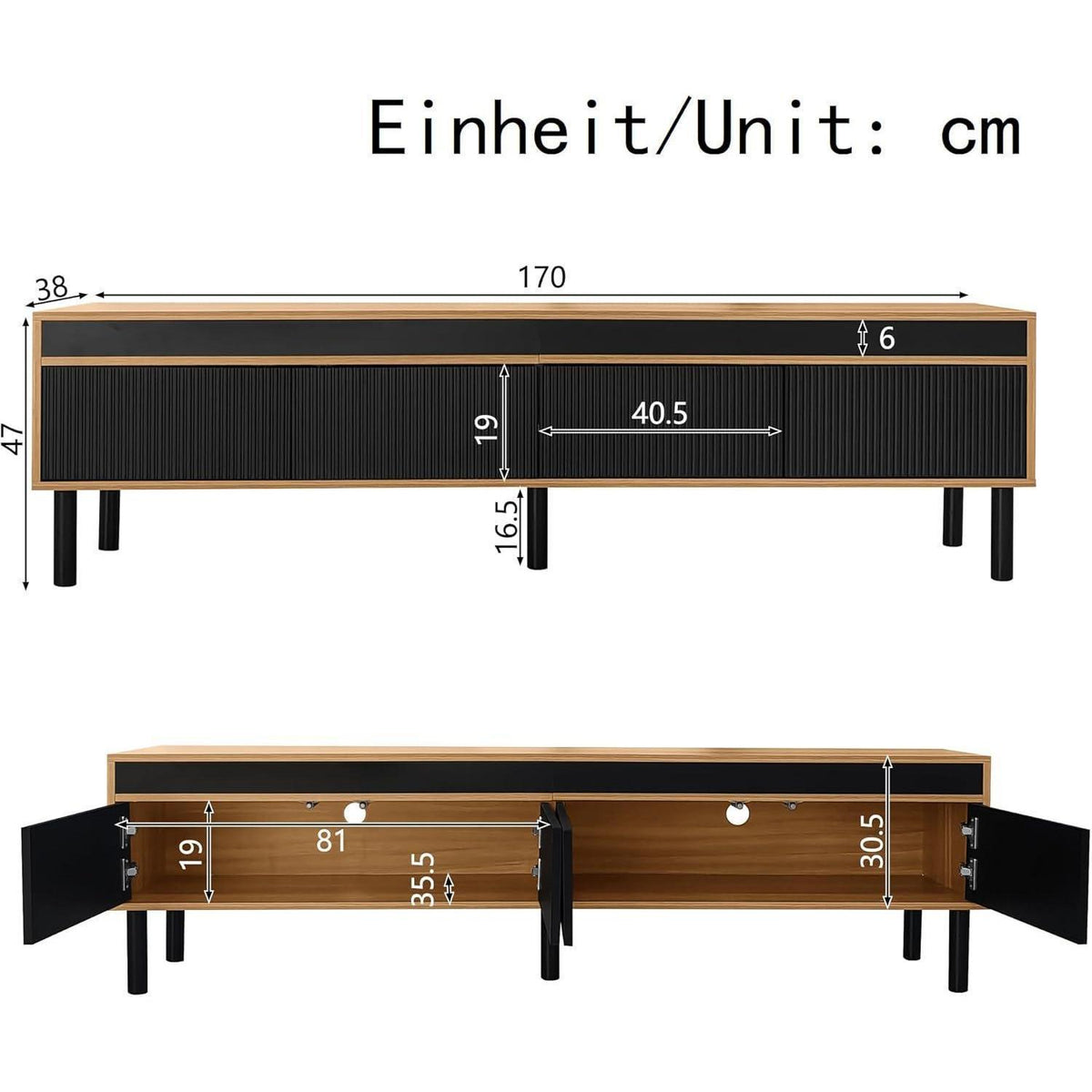 TV Lowboard Schwarz Naturholz mit Stauraum & Kabelmanagement