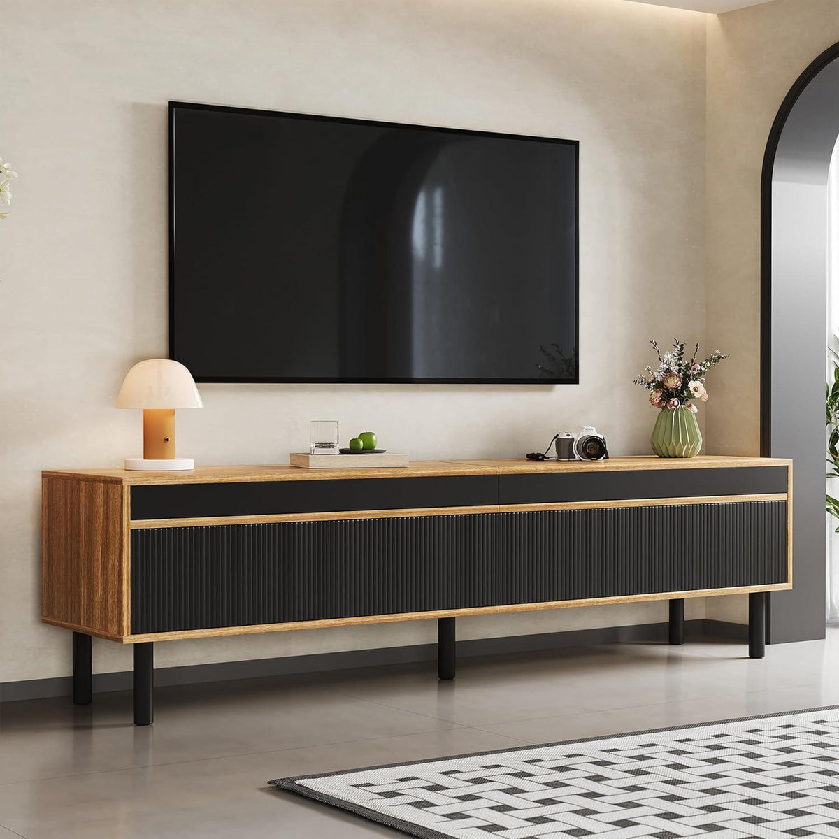 TV Lowboard Schwarz Naturholz mit Stauraum & Kabelmanagement