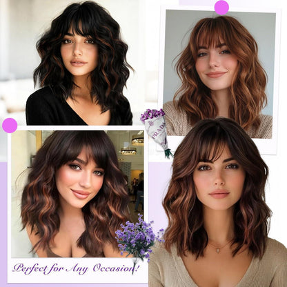 Braune Bob-Wellenperücke mit Pony – Hitzebeständig & Komfortabel