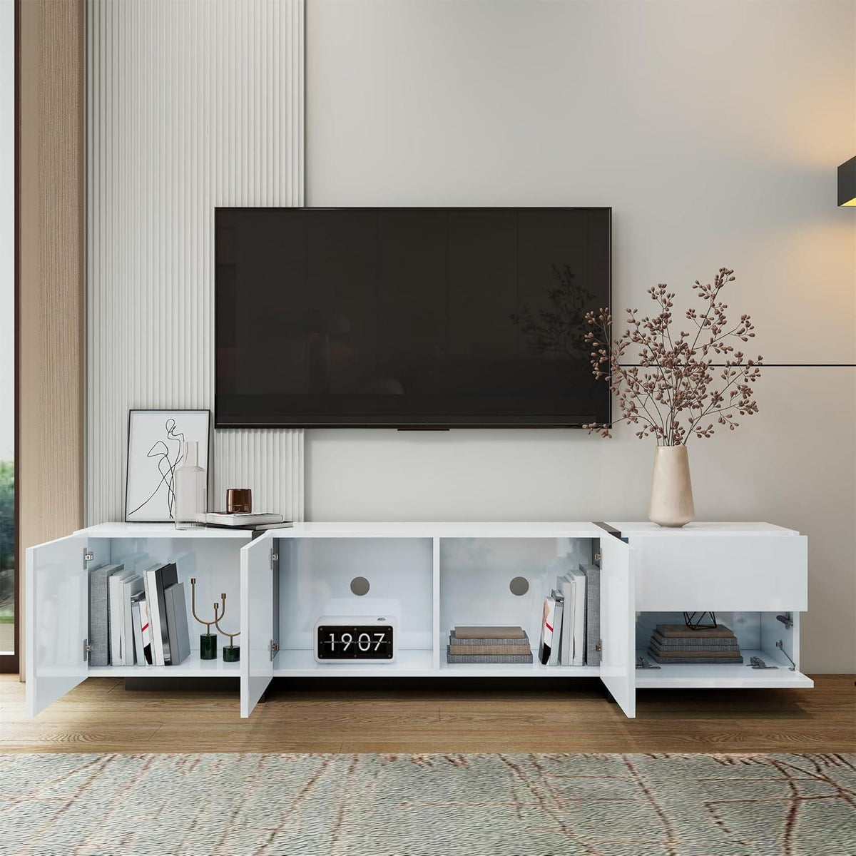 Weißer TV-Schrank mit Schublade & Türen, 170x30x39cm