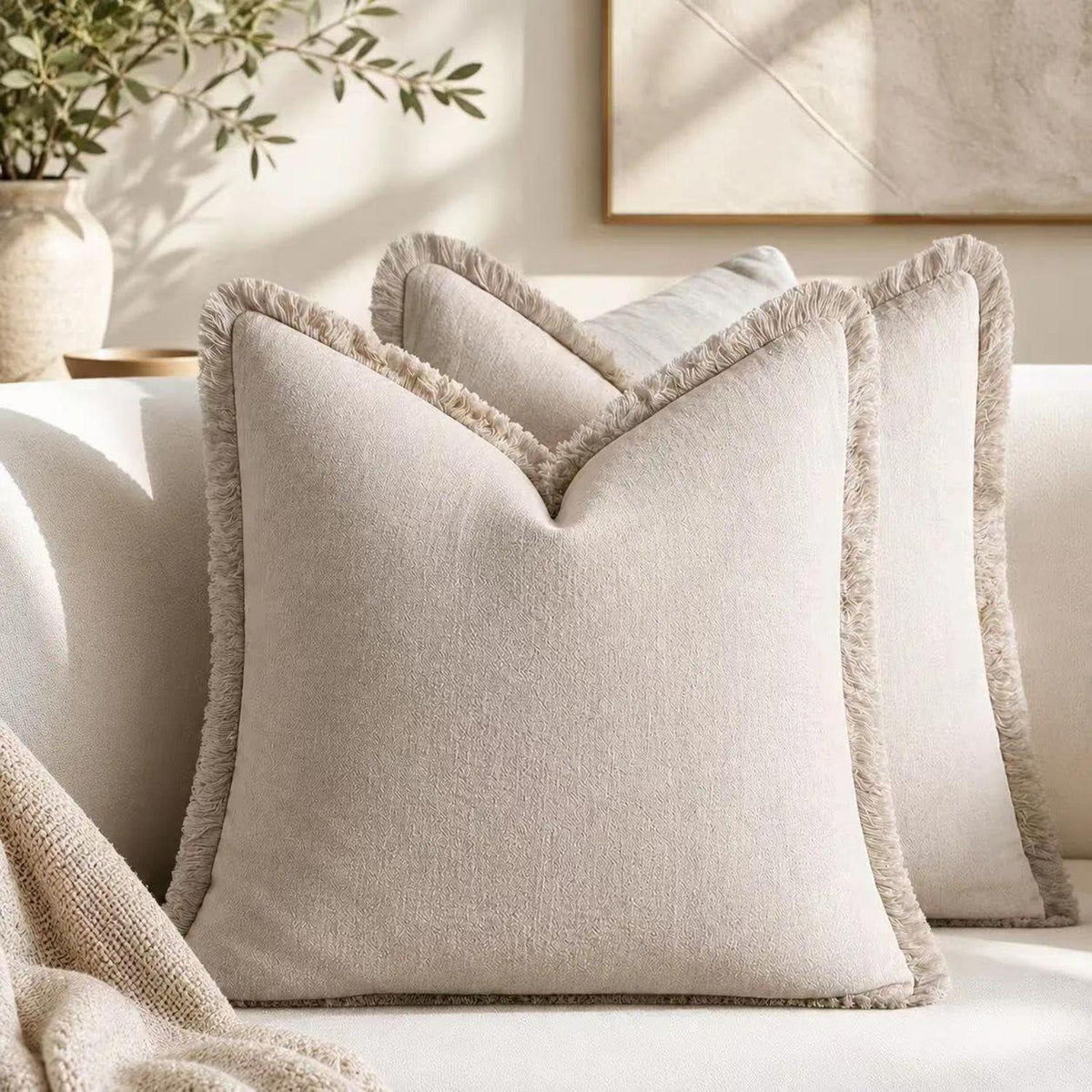 2er Set Baumwoll Kissenbezüge mit Fransen, 40x40 cm, Beige
