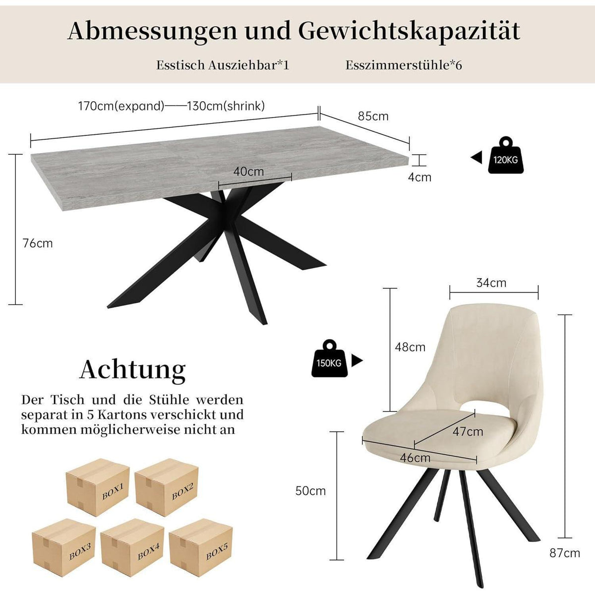 Ausziehbarer Esstisch mit Stühlen – Grau & Beige Essgruppe