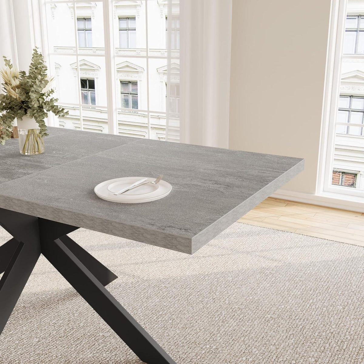 Ausziehbarer Esstisch mit Stühlen – Grau & Beige Essgruppe