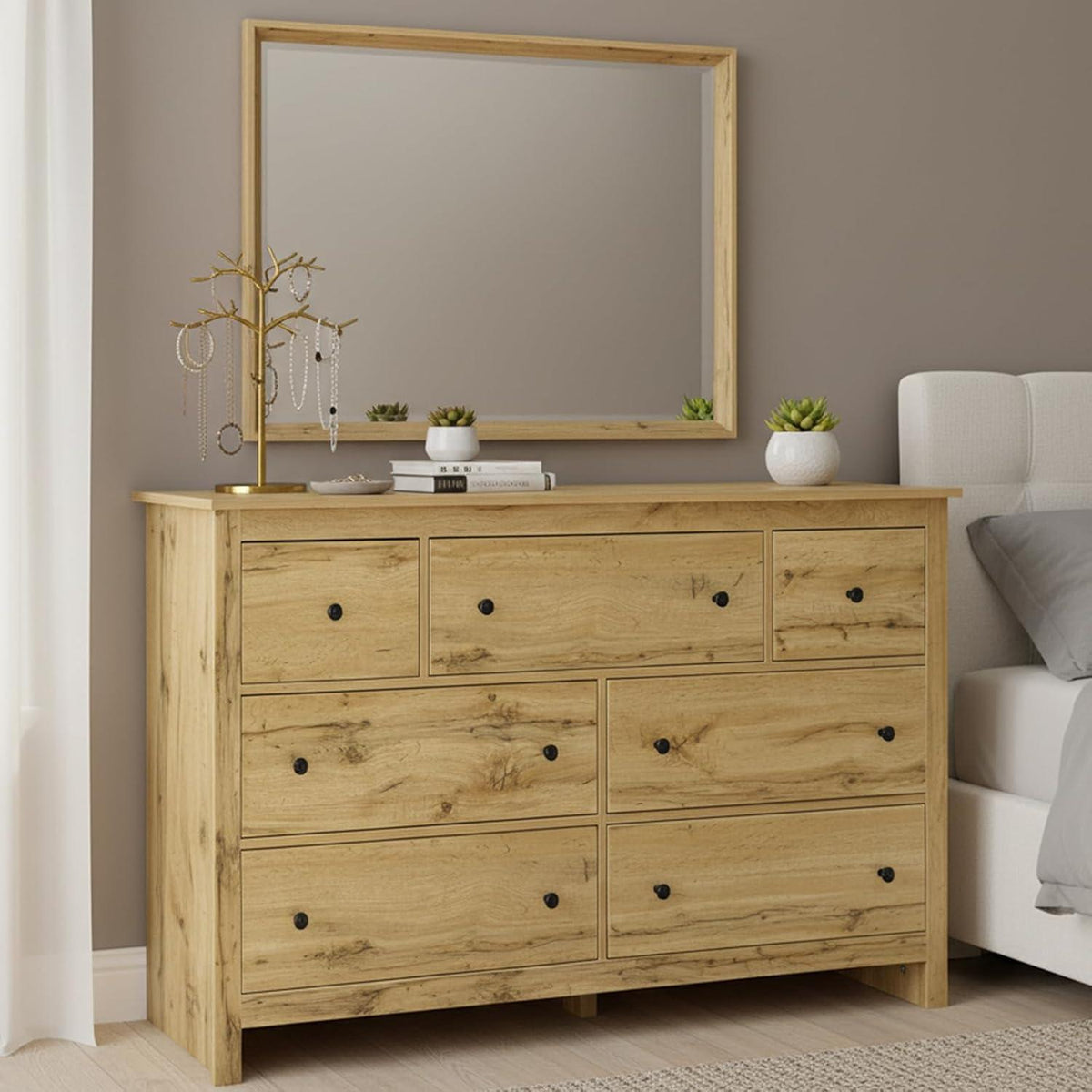 Kommode mit 7 Schubladen | Sideboard Holz, Verstellbar, 152x40x89cm