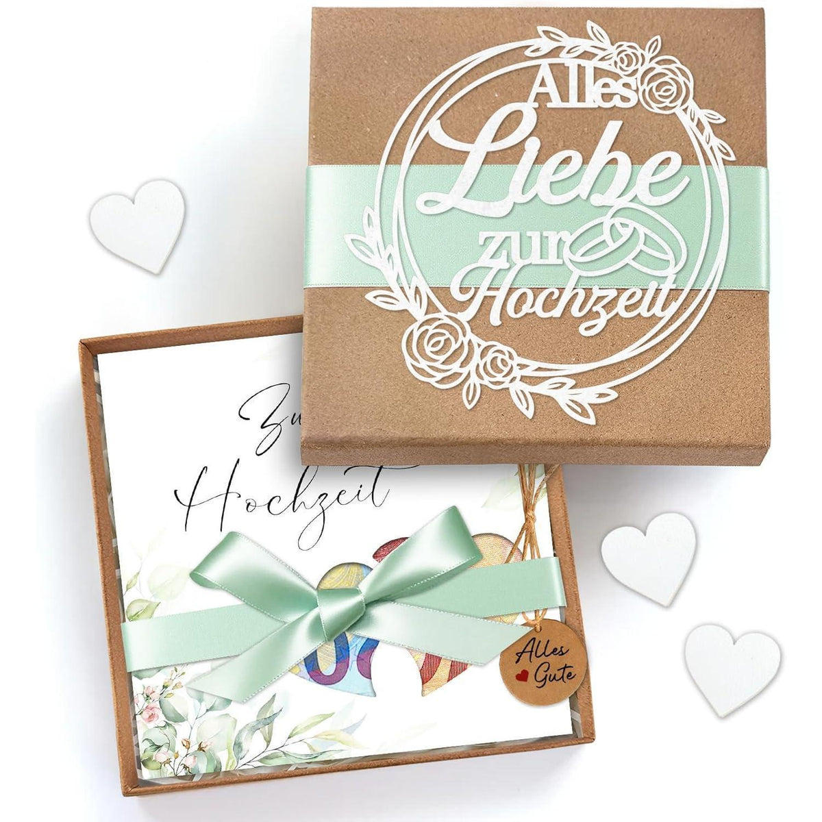 Geldgeschenk Hochzeit: Elegante Geschenkbox mit Karte & Herz-Holzspänen