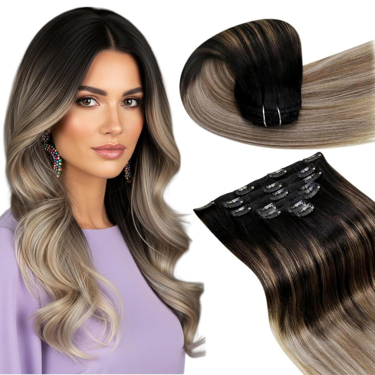 Echthaar Clip-in Extensions 60cm Balayage Braun Ombre