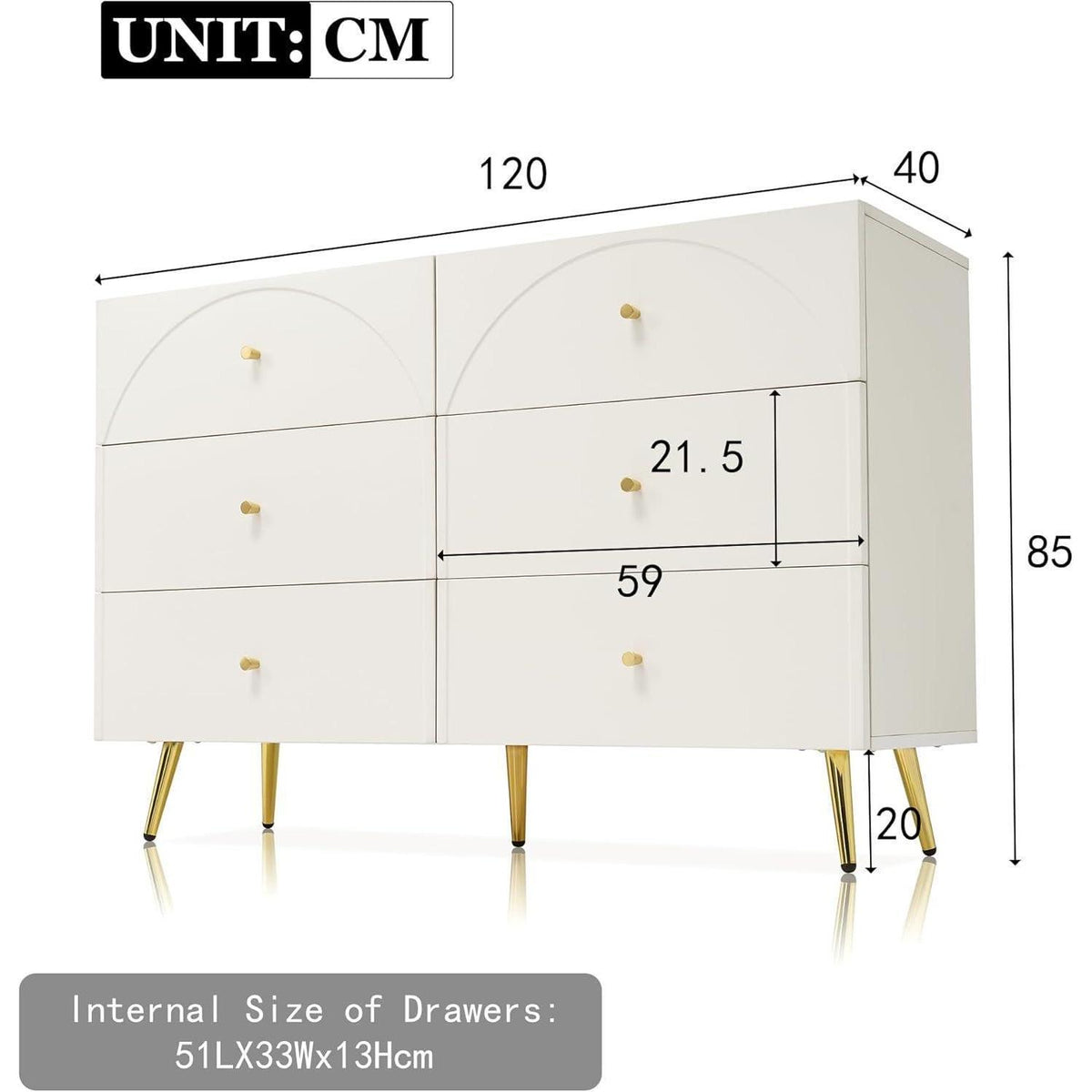 Weißes Sideboard mit 6 Schubladen – 120x40x85cm (Stil A)