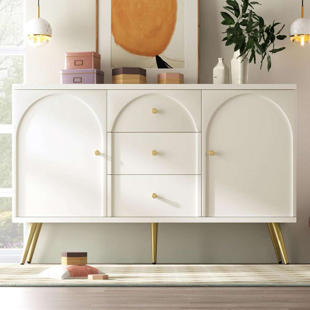 Weißes Sideboard mit 2 Türen & 3 Schubladen – 140x40x84cm