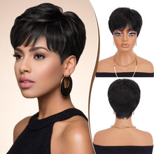 Echthaar Pixie Cut Perücke – Kurz, Geschichtet, Welle (1B#)