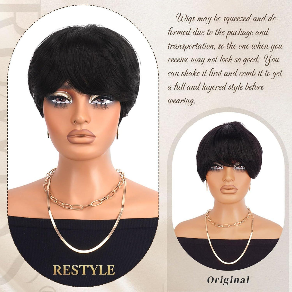 Echthaar Pixie Cut Perücke – Kurz, Geschichtet, Welle (1B#)