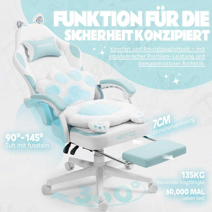 Gaming Stuhl mit Katzenohren und Fußstütze, Blau Weiß