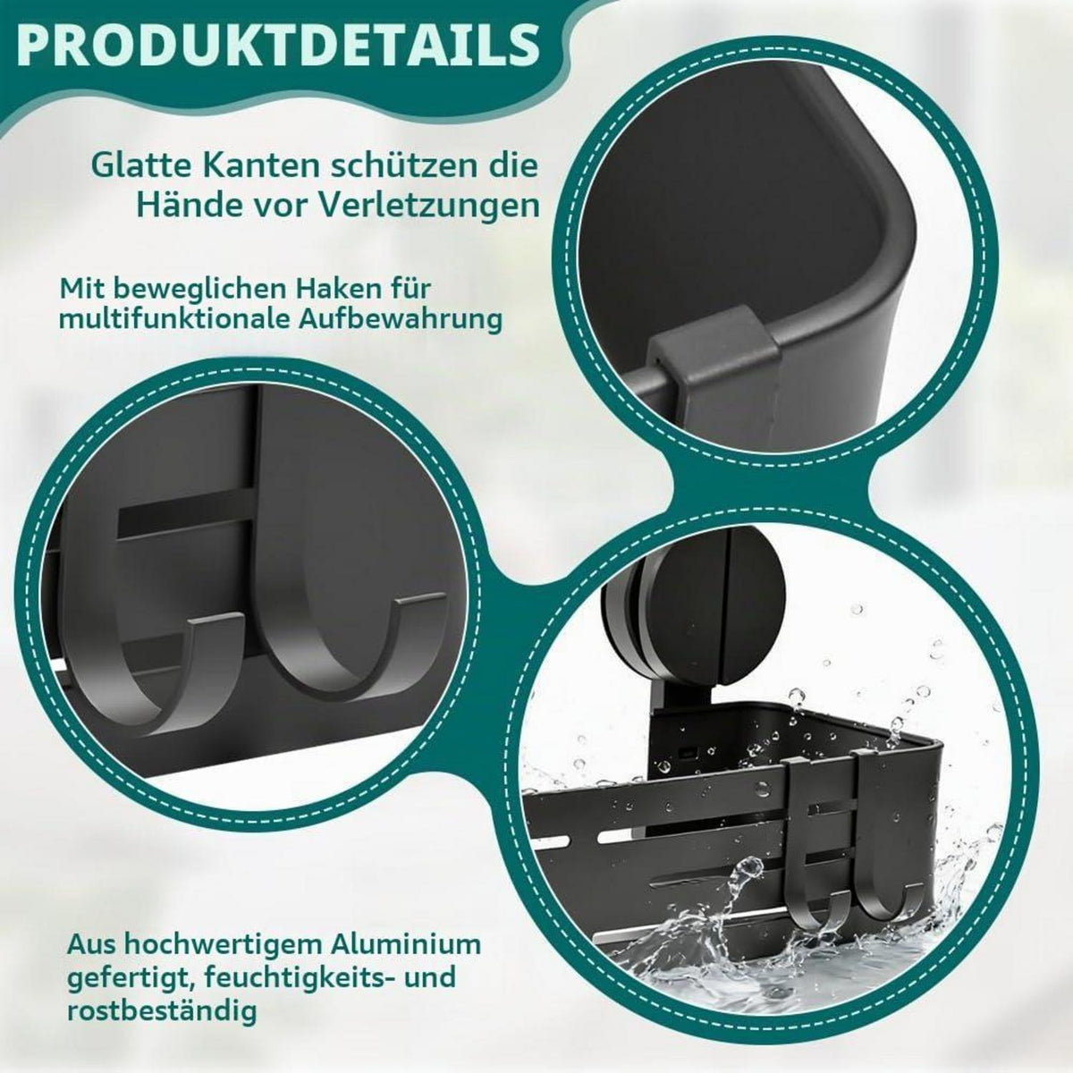 Duschablage Saugnapf mit 4 Haken – Bohrlos & Vielseitig