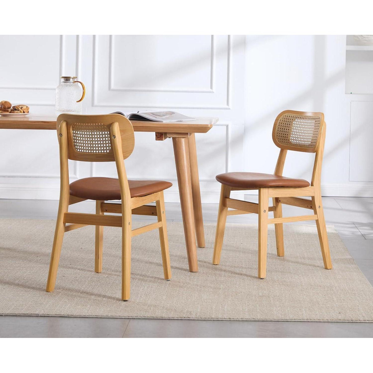 Esszimmerstühle 4er Set Holz mit Rattan Rückenlehne Braun