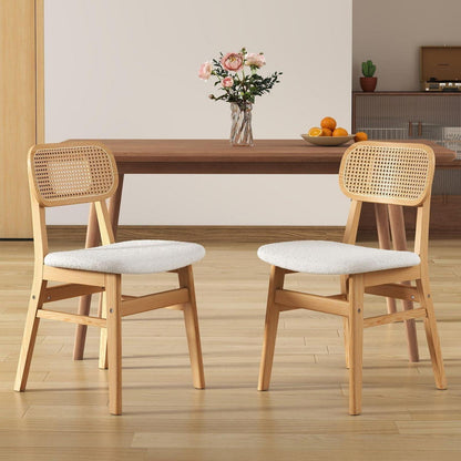 Esszimmerstühle 2er Set Holz & Kunstfell mit Rattan Rückenlehne