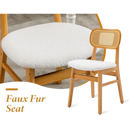 Esszimmerstühle 2er Set Holz & Kunstfell mit Rattan Rückenlehne