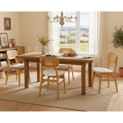 Esszimmerstuhl Set Holz mit Rattan Rückenlehne Weiß in Lederoptik