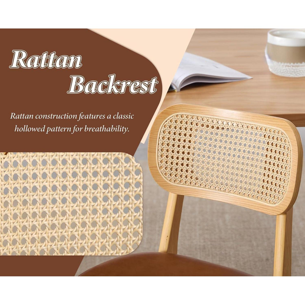 Esszimmerstuhl Set Holz mit Rattan Rückenlehne Braun in Lederoptik
