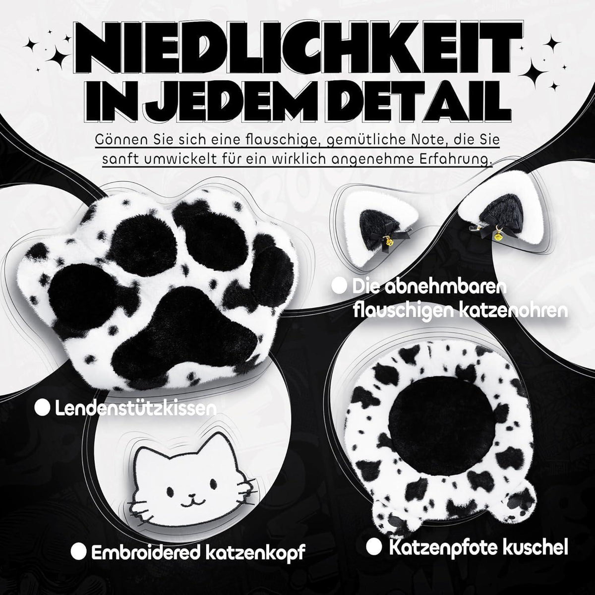 Gaming Stuhl Katze mit Fußstütze & Katzenohren, Ergonomisch, 200kg, Schwarzweiß