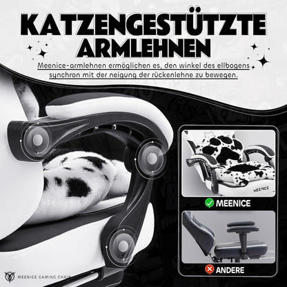 Gaming Stuhl Katze mit Fußstütze & Katzenohren, Ergonomisch, 200kg, Schwarzweiß