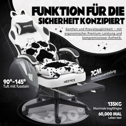 Gaming Stuhl Katze mit Fußstütze & Katzenohren, Ergonomisch, 200kg, Schwarzweiß