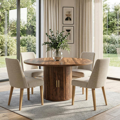 Ausziehbarer Esstisch rund, rustikal braun mit Stauraum