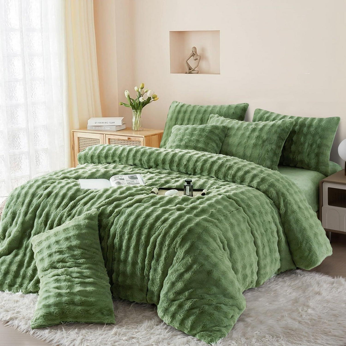 Langhaar Plüsch Bettwäsche Set 135x200 Winterwarm Grün