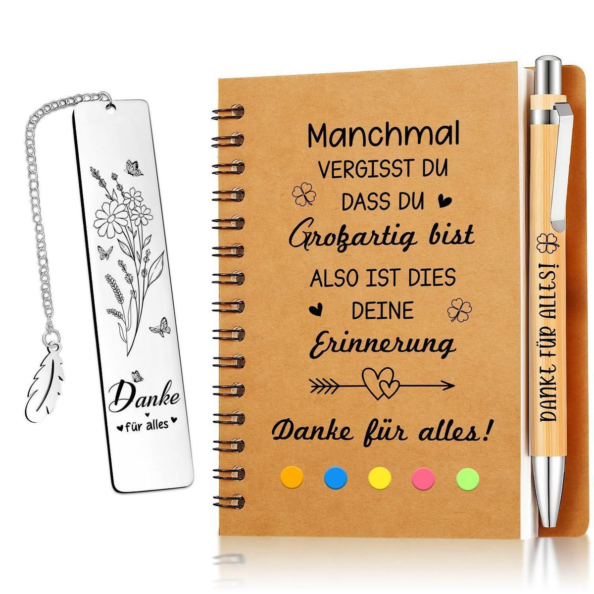 Dankeschön Geschenkset für Frauen: Notizbuch, Lesezeichen & Stift