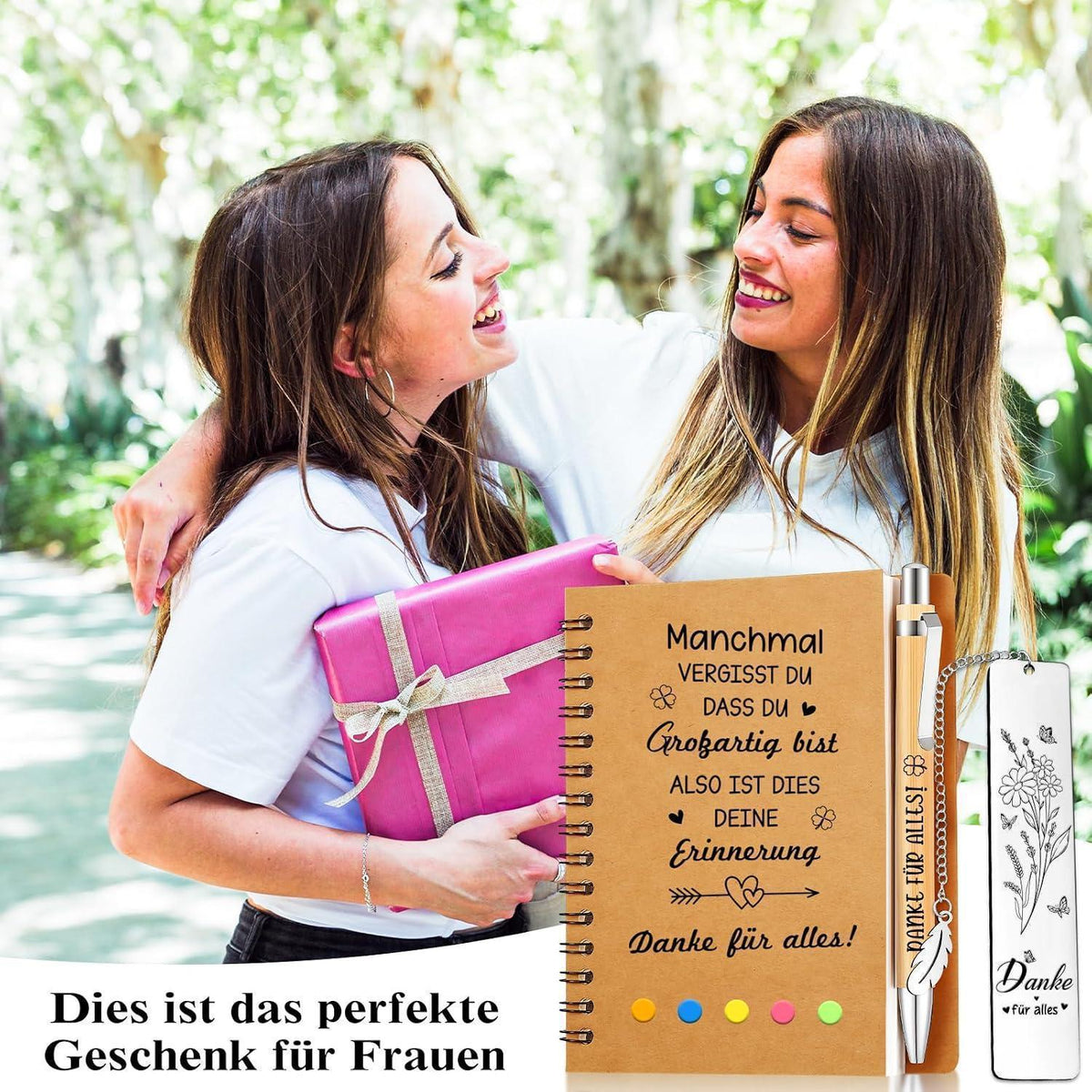 Dankeschön Geschenkset für Frauen: Notizbuch, Lesezeichen & Stift