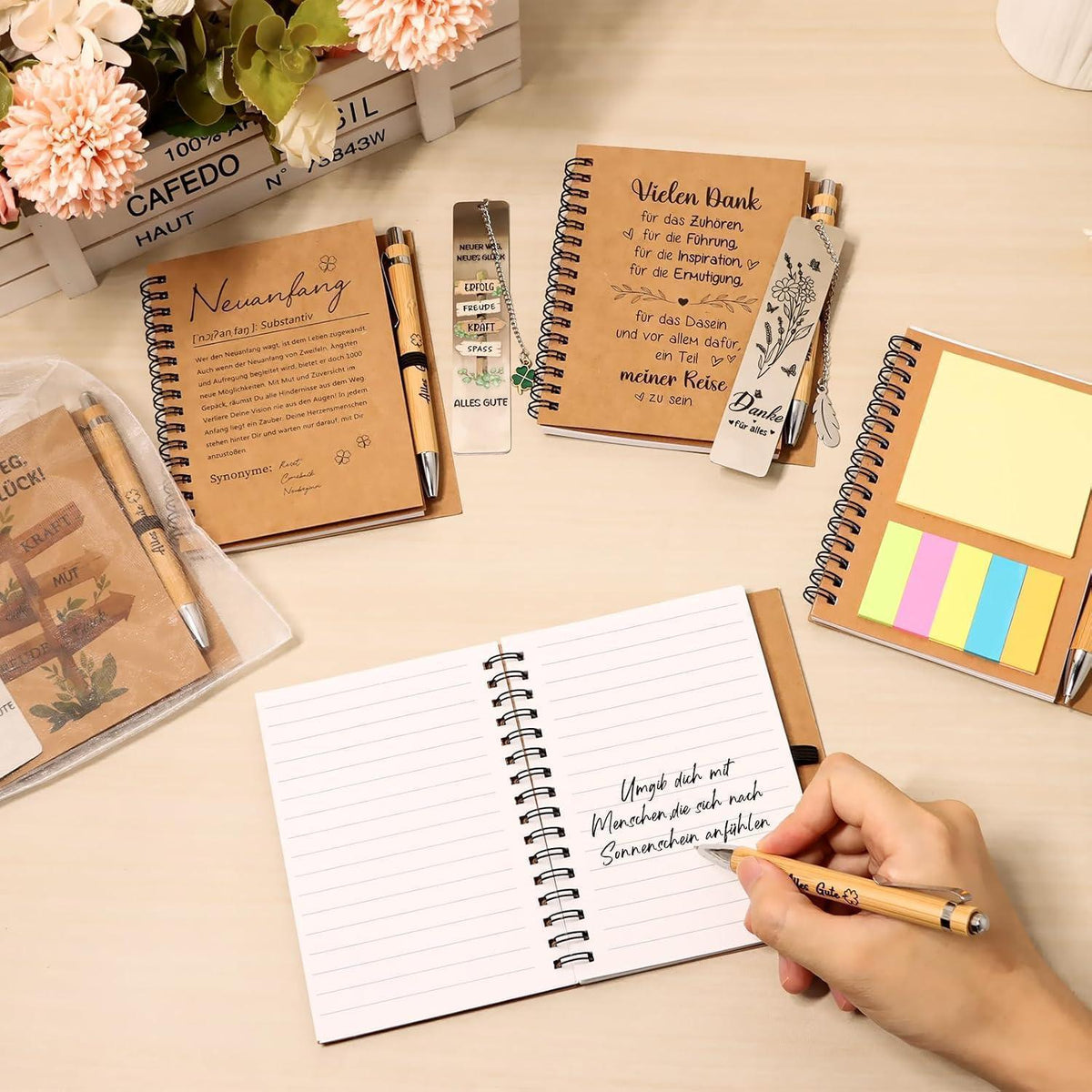 Dankeschön Geschenkset für Frauen: Notizbuch, Lesezeichen & Stift
