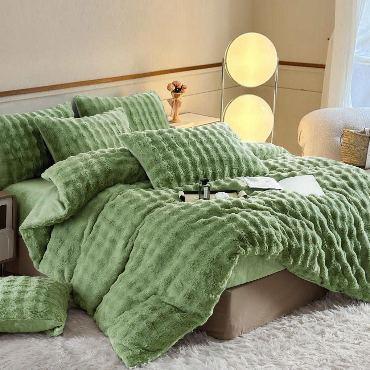Langhaar Plüsch Bettwäsche Set Grün 155x220 cm + 2x 80x80 cm
